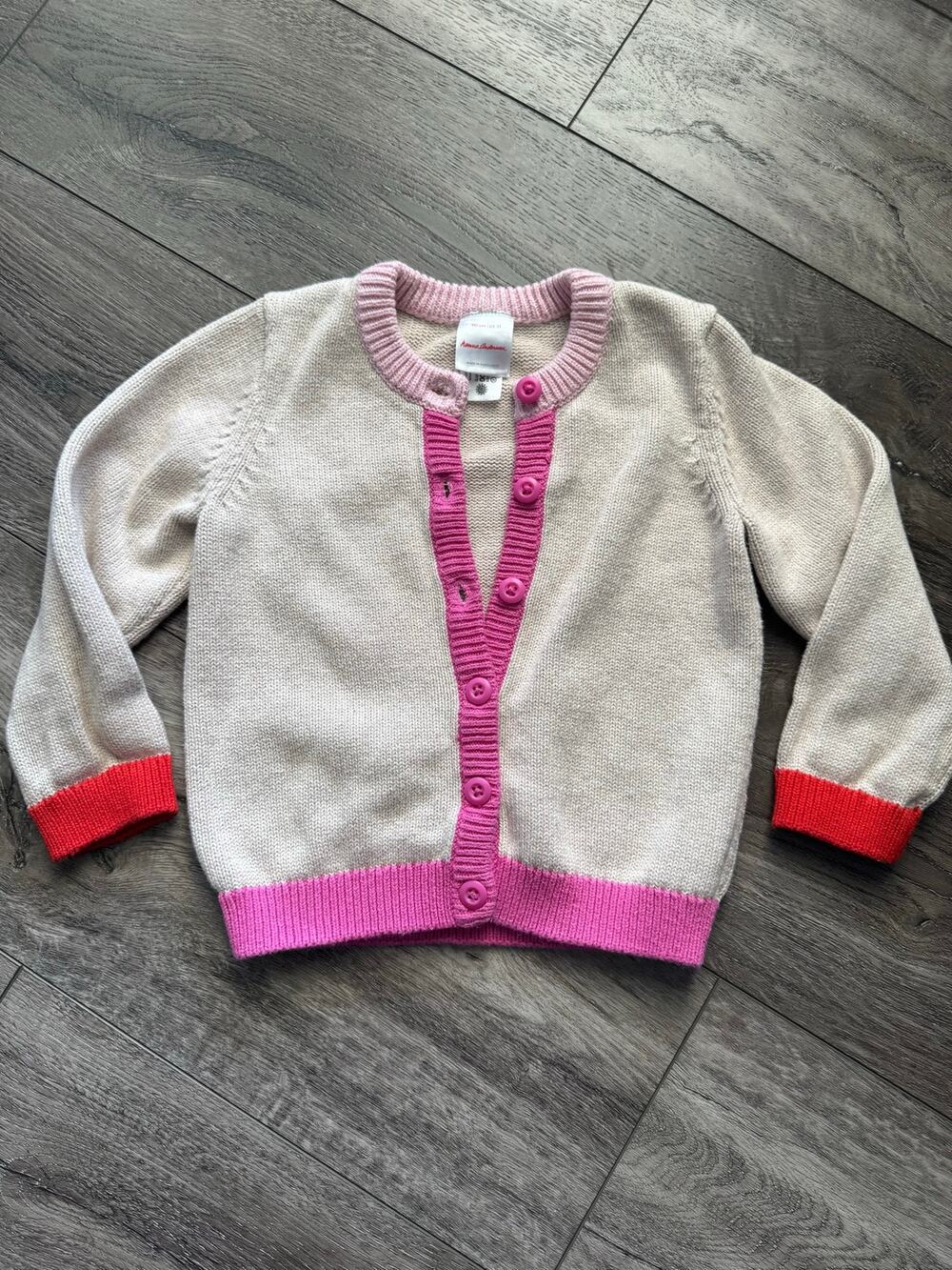 Hanna Andersson Girls Pink Beige Colorblock Knit Cardigan Sweater Size 90 3T